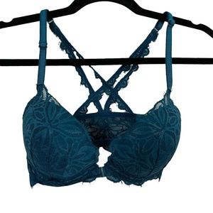 PINK VICTORIA'S SECRET Date Racerback Teal Blue Floral LACE Padded Bra 32DD